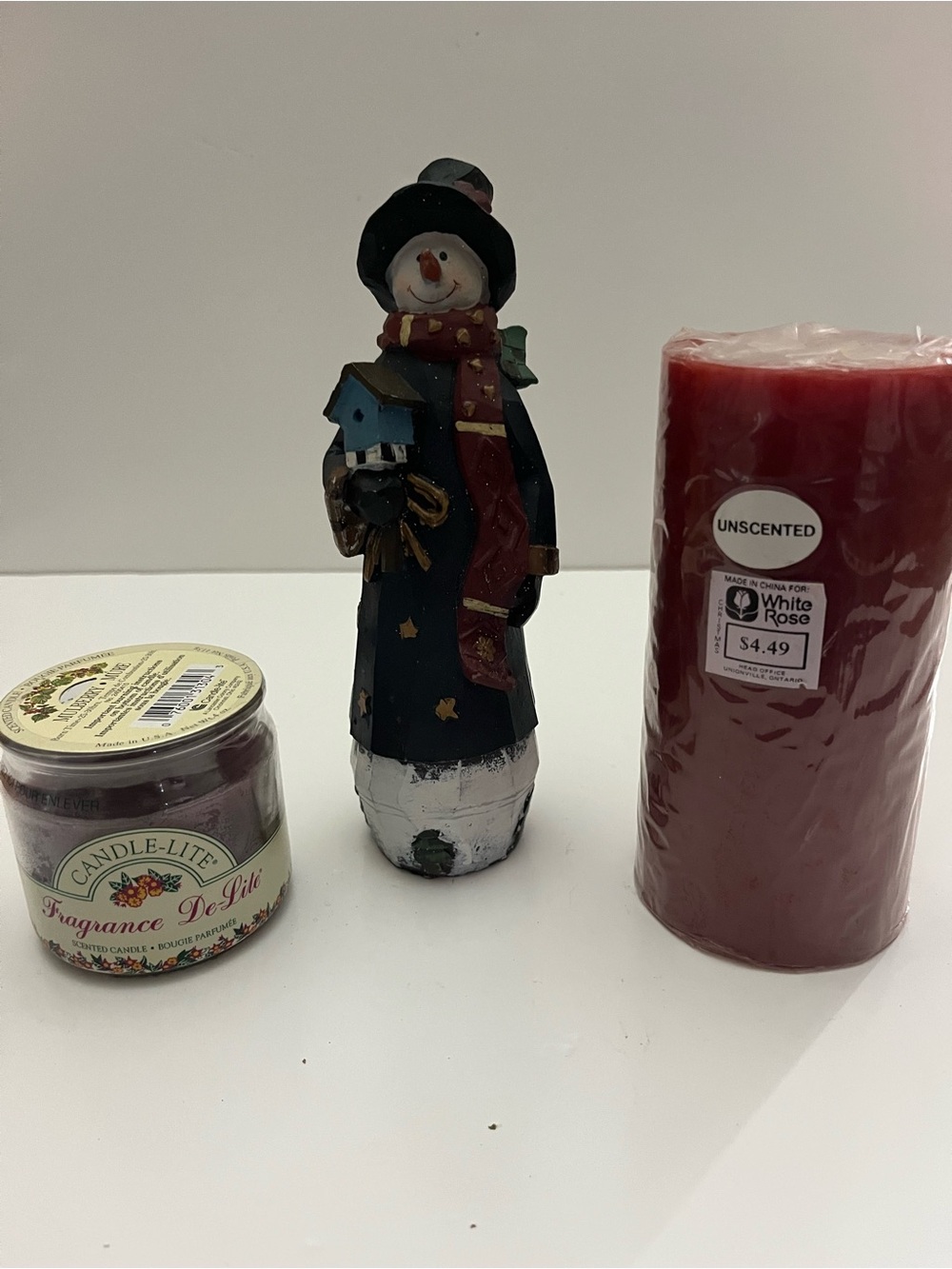 Christmas Holiday Bundle: Snowman Figurine 2 vintage candles one from White Rose